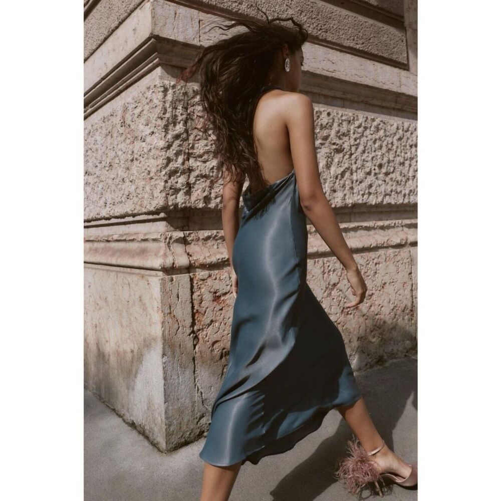 Zara Womens Asymmetrical Satin Midi Dress Medium Anthracite Gray 5029/208 NWT - Picture 3 of 16